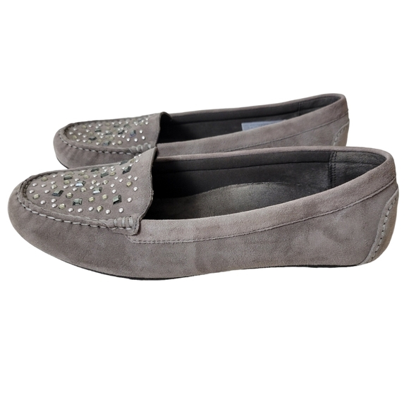 Vionic | Athens Taupe Jewel Embellished Suede Comfort Slip-On Moccasin Loafer - Picture 4 of 10
